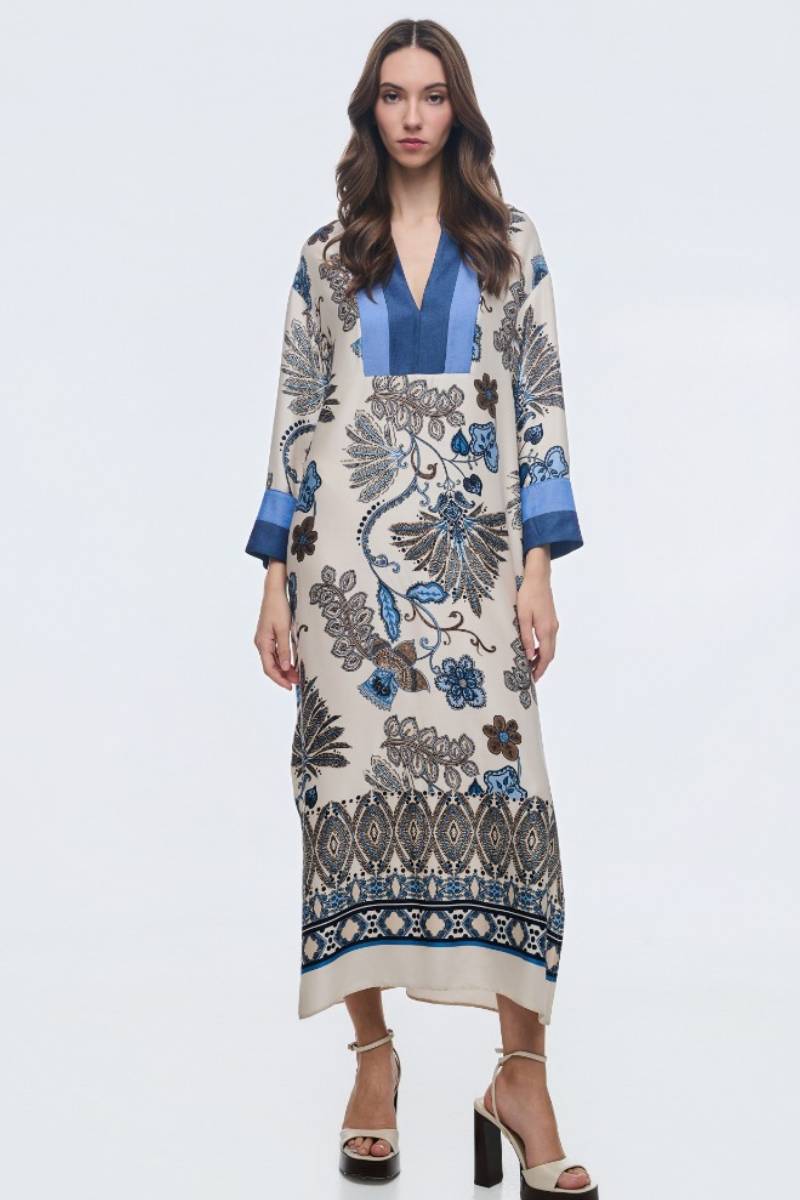 Φόρεμα καφτάνι εμπριμε με denim λεπτομέρειες+ Σύνθεση:100%VIS ΕΥΡΩΠΗΣ